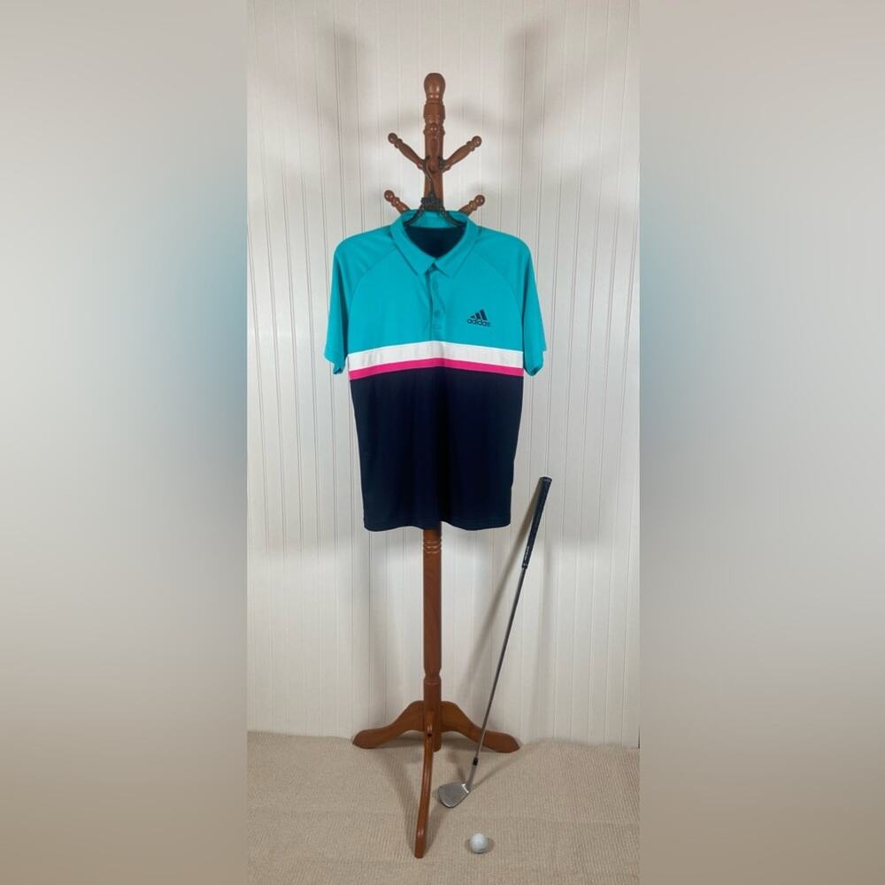 Adidas Men’s Climalite Golf Polo Shirt | Teal Pink Navy Stripe | Size M
